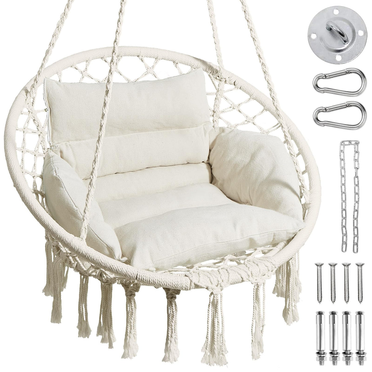 Greenstell Hammock Chair, Macrame Swing Chair with Comfy Cushion, Boho Hanging Chair for Outdoor & Indoor, Perfect for Bedroom, Patio, Balcony, Hold up to 330Lbs, Beige GREENSTELL