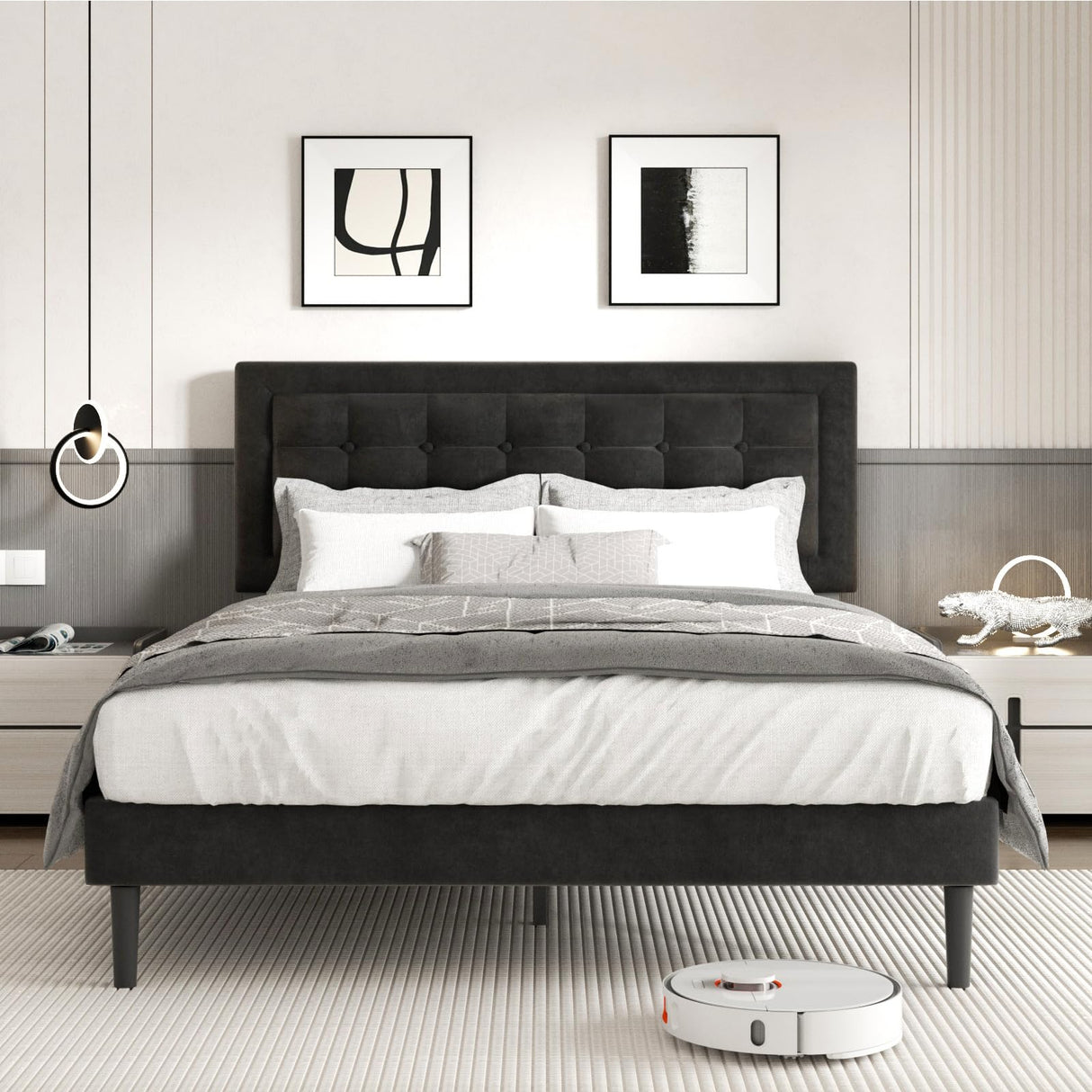 CXVX Queen Size Bed Frame with Headboard, Platform Bed Frame with Velvet Upholstered Button Tufted Headboard, Wood Slats Support, No Box Spring Needed, Mattress Foundation, Easy Assembly, Black CXVX