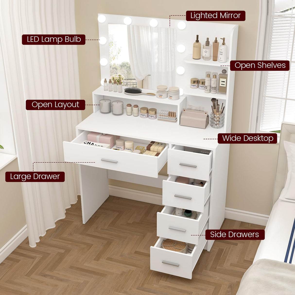 FIONESO Vanity Desk with Mirror and Lights, Makeup Vanity with 5 Drawers and 3 Storage Shelves, 3 Color Modes & Adjustable Brightness Dressing Table, Vanity Desk for Bedroom, White FIONESO