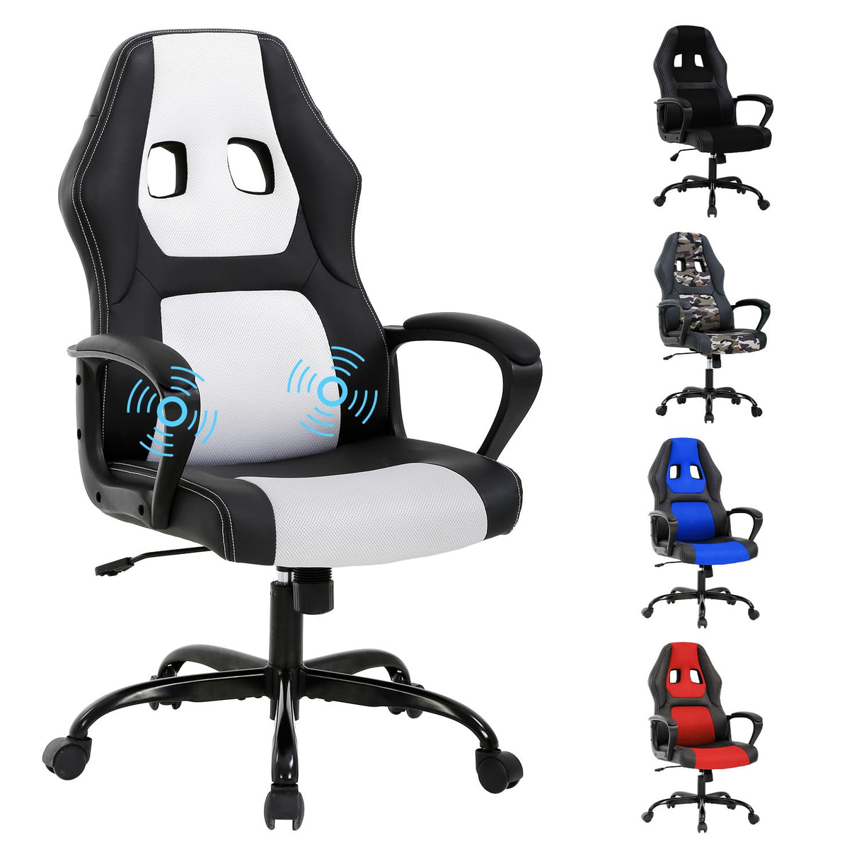 White Massage Gaming Chair for Kids, Ergonomic Office Chair Computer Chair with Adjustable High Back & Armrest, PU Leather Gamer Chair with 360°Swivel, Heavy Duty Gaming Chairs for Adults, Teens BORGEBY