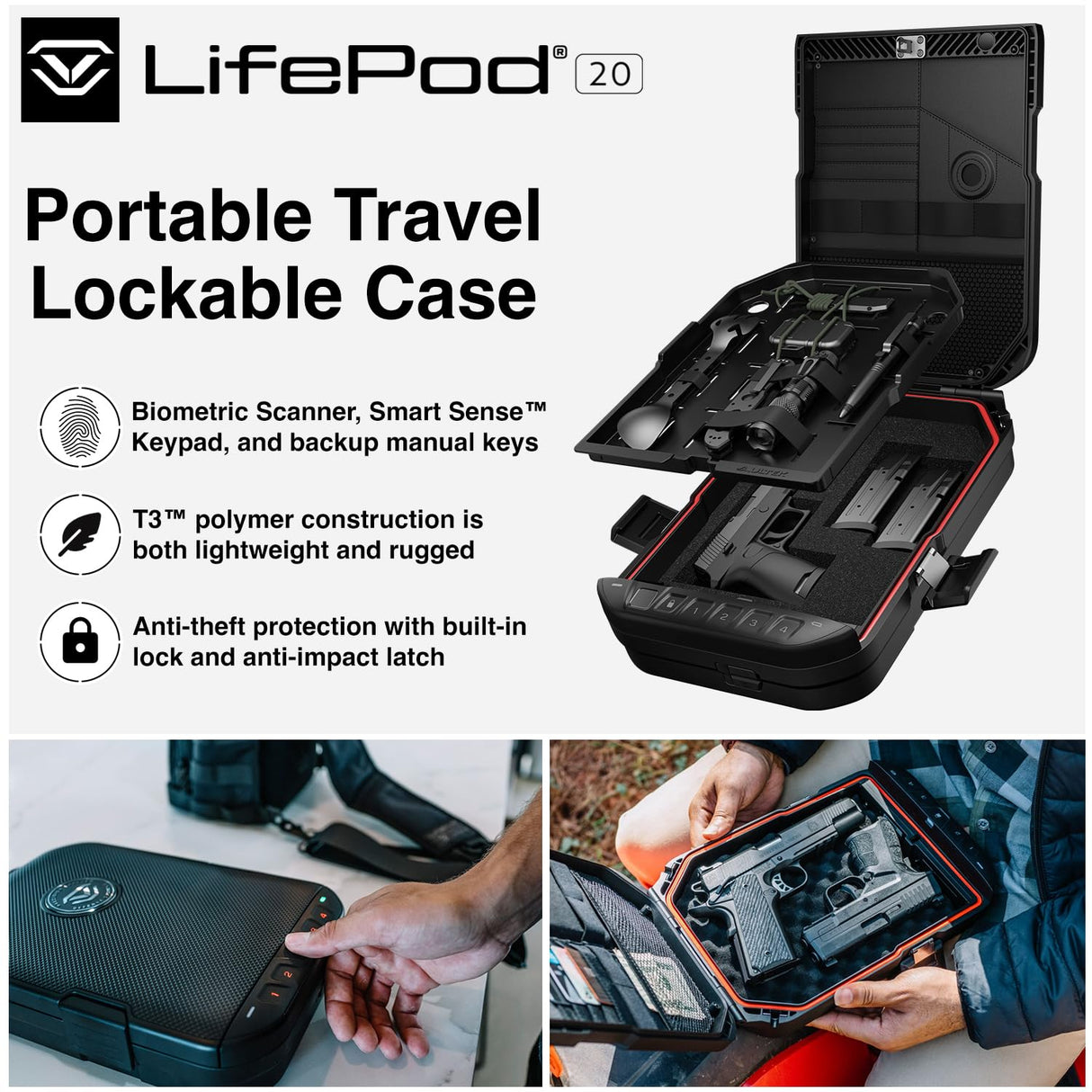 VAULTEK LifePod 20 Full-Size Biometric Lockable Weatherproof Case with Built-in Lock, Steel Security Cable, & TSA Handgun Case or Car Safe, Portable Travel Pistol Safe/Titanium Gray/Biometric VAULTEK
