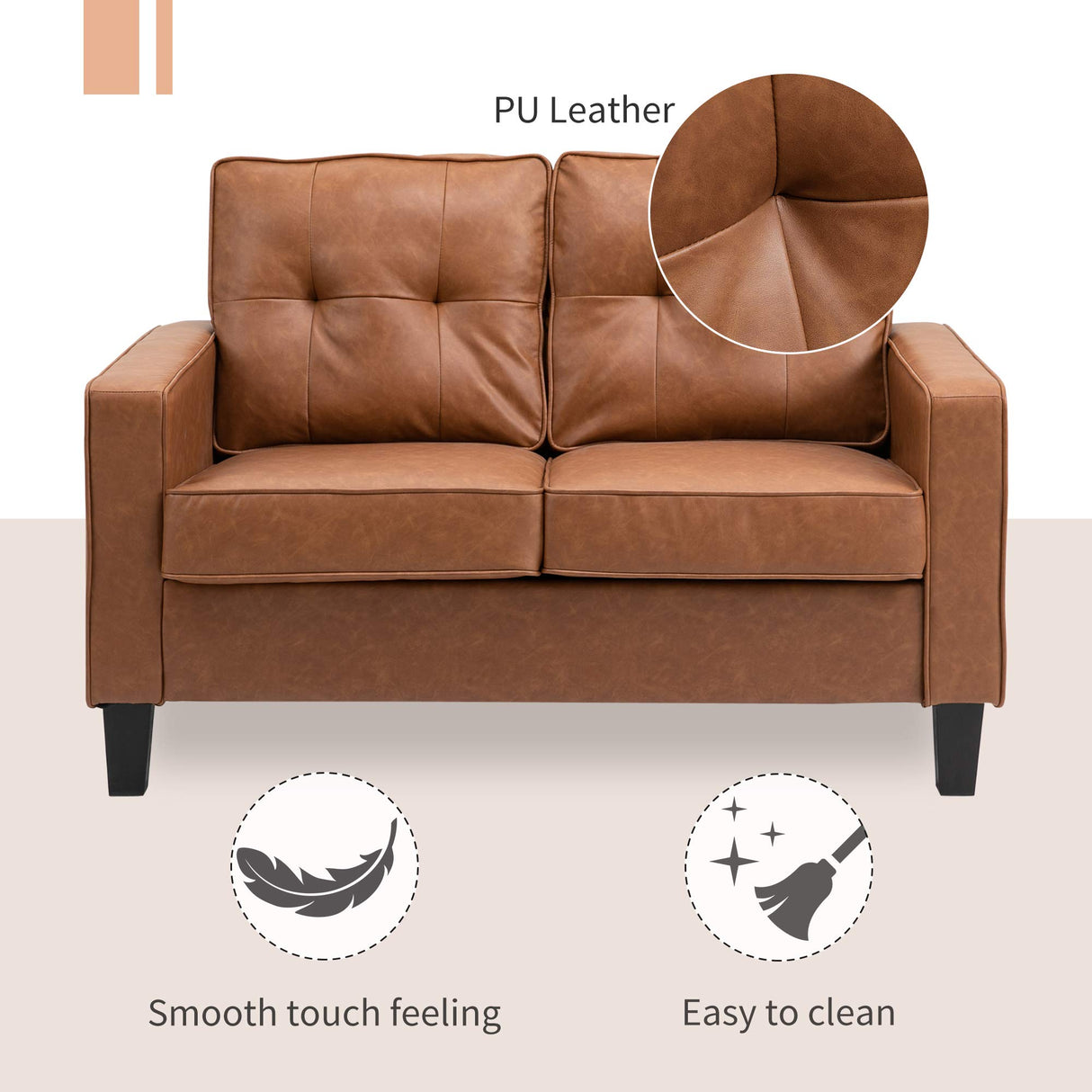 HOMCOM 51" Wide Loveseat with Armrest, 2-Seater Tufted PU Leather Double Sofa, Brown Aosom
