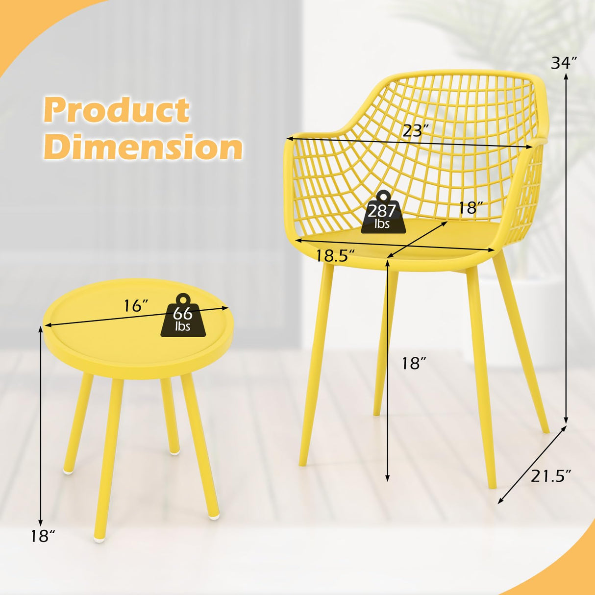 Tangkula 3 Piece Patio Bistro Set, All Weather Heavy Duty Table and Chairs Set of 2 with Widen Seats, Outdoor Furniture Set for Porch, Balcony, Backyard (Yellow) Tangkula