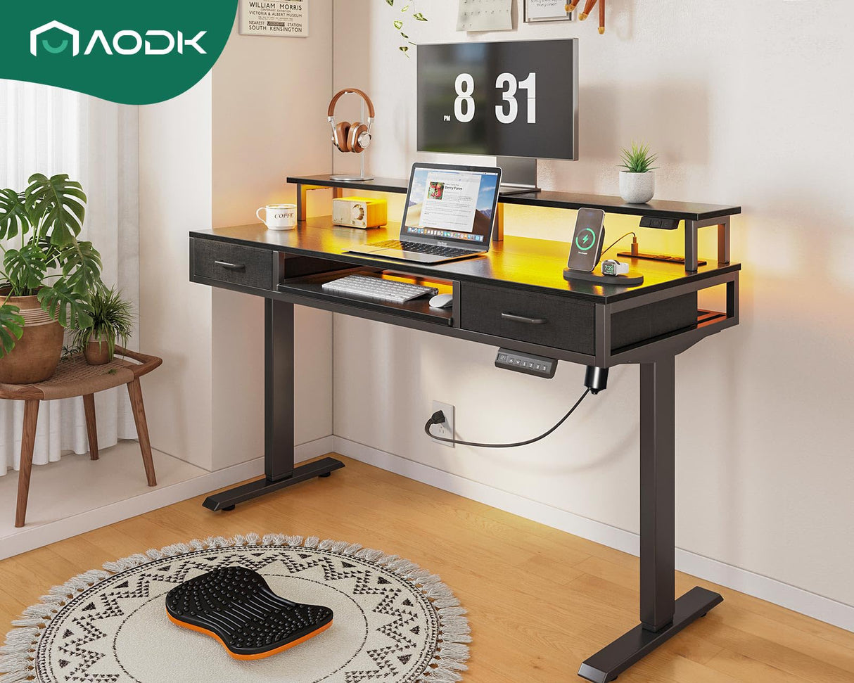 AODK Electric Standing Desk with Drawers & Keyboard Tray, 55 Inch Height Adjustable Desk with Power Outlets & LED Lights, Sit Stand Table with Monitor Stand for Home, Office, Black AODK