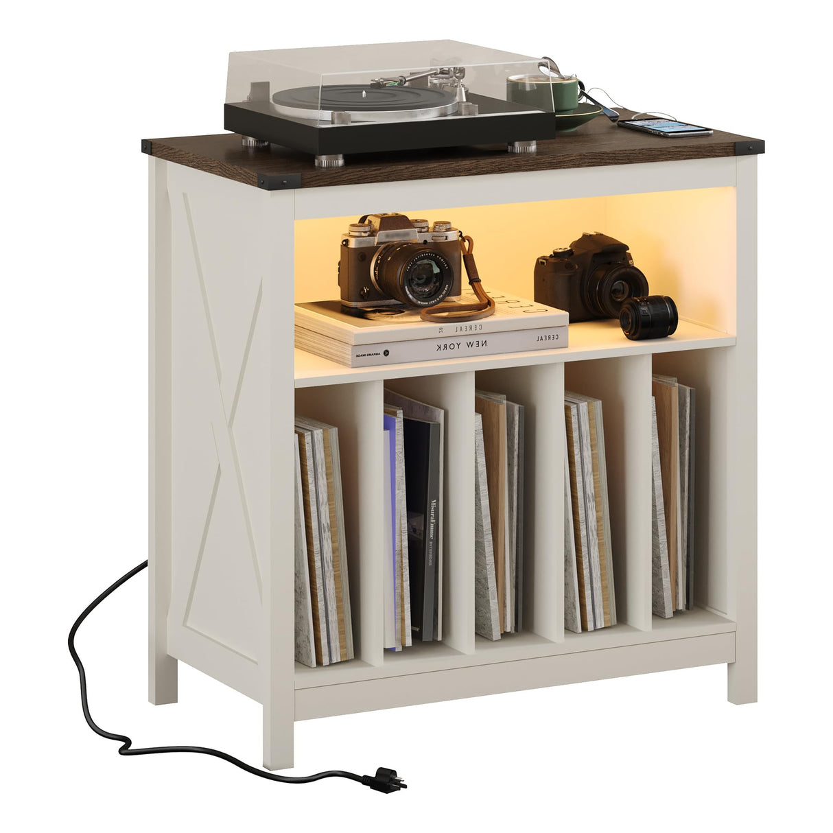 ChooChoo Large Record Player Stand with Charging Station & LED Light, Vinyl Record Holder hold up to 300 Albums, Farmhouse End Table for Bedroom, Living Room, Soft White ChooChoo