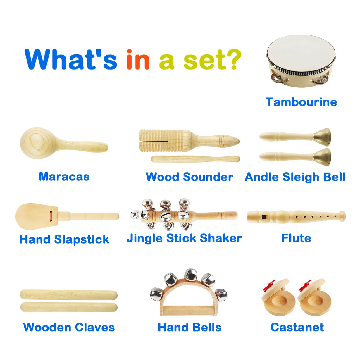 Chriffer Kids Musical Instruments Toys, Percussion Instruments Set with Storage Bag, Preschool Educational Music Toys for Boys Girls, Natural Eco-Friendly Wooden Music Set (10pcs) Chriffer