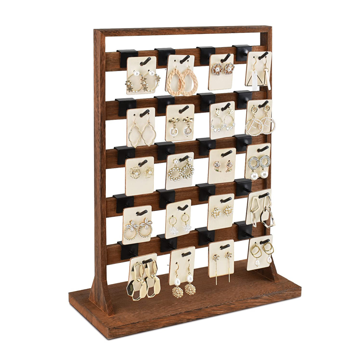 Ikee Design 5 Tiers Free Assemble Wooden Jewelry Display Rack with 20 Removable Metal Hooks,Earring Card Display Stand,Jewelry Organizer,Bracelet Organizer,Keychain Stand,Brown Color Ikee Design