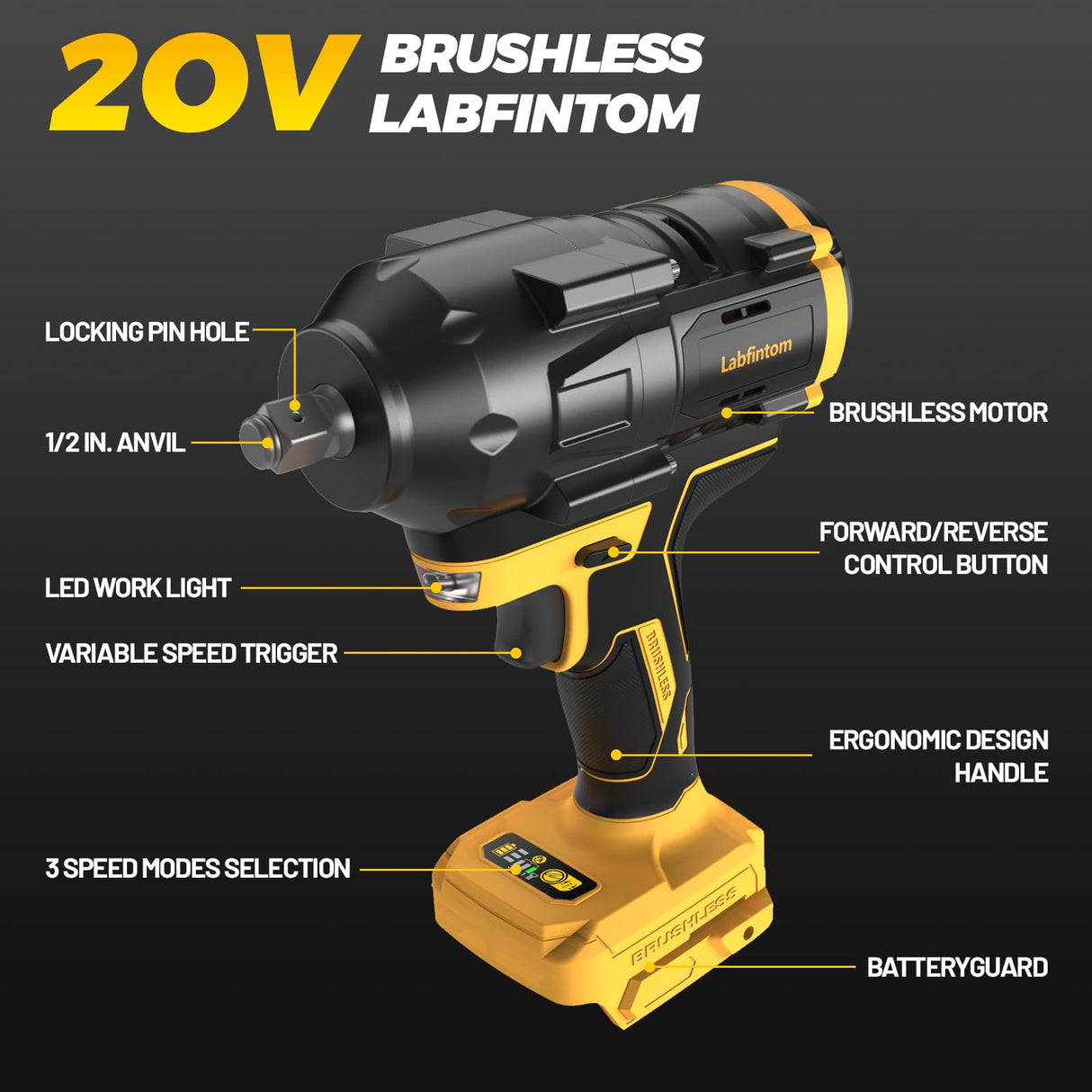 Labfintom Cordless Impact Wrench for De-Walt 20V Battery, 1/2" High Torque Impact Gun, 900Ft-lbs(1200N.m) Brushless Power Impact Driver with 4-Mode Speed, LED Work Light (Battery NOT included) Labfintom