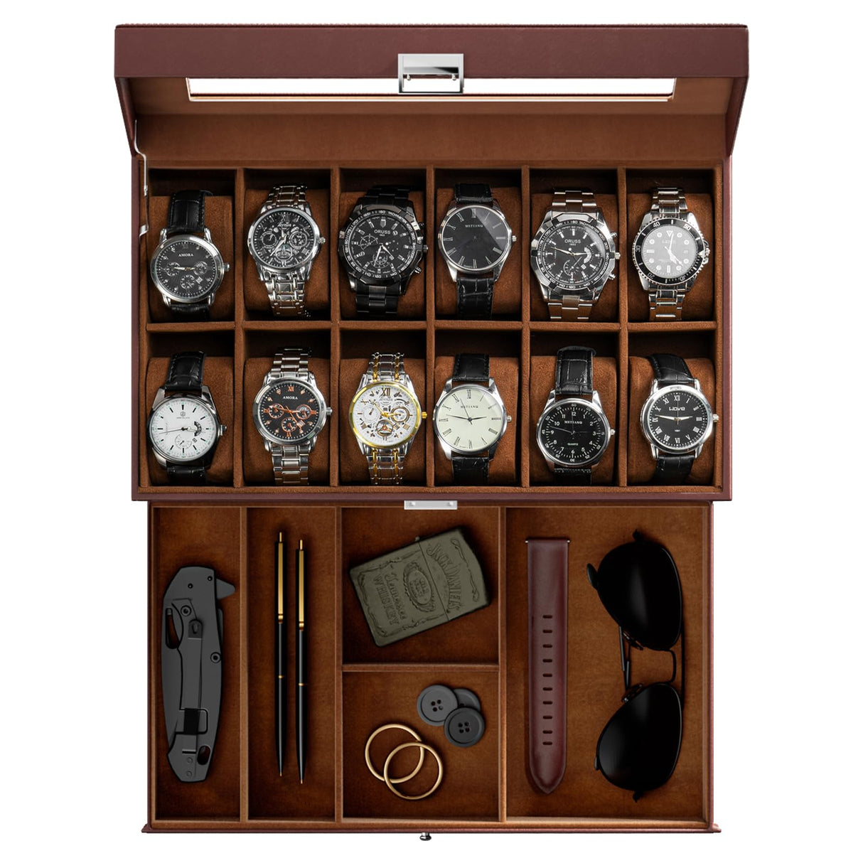 ProCase Watch Box for Men, 12 Slot Mens Watch Case With Drawer, Watch Display Case With Glass Lid, 2-Layer Watch Holder Organizer, Jewelry and Watch Storage for Men Women -12Slot, Espresso ProCase