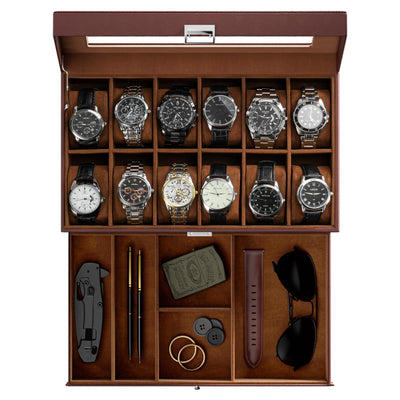 ProCase Watch Box for Men, 12 Slot Mens Watch Case With Drawer, Watch Display Case With Glass Lid, 2-Layer Watch Holder Organizer, Jewelry and Watch Storage for Men Women -12Slot, Espresso
