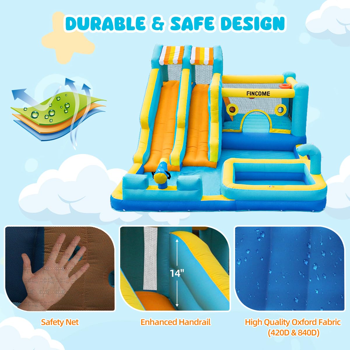 FINCOME Inflatable Bounce House, 10 in 1 Double Water Slide Bounce House with 750W Blower, Climbing Wall, Jumping, Water Gun, Splash Pool, Basketball Hoop for Kids Indoor Outdoor Backyard FINCOME