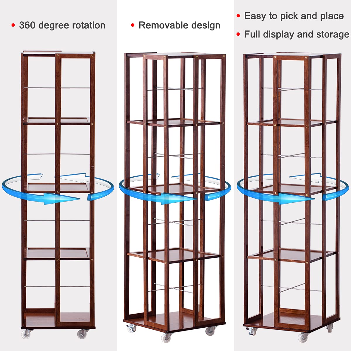 COPREE 5-Tier Walnut Bamboo Rolling Bookshelf with 360° Rotation and Wheels COPREE