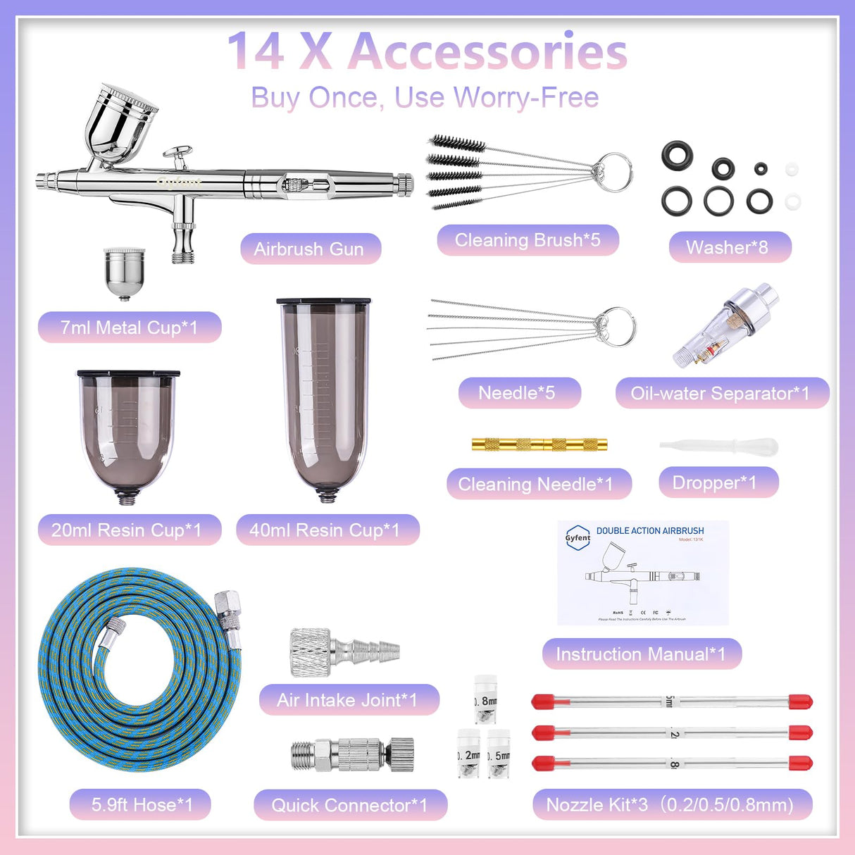 Gyfent Airbrush Kit, Airbrush Gun with 4 Quick-Release Nozzle Sets(0.2/0.3/0.5/0.8mm) Dual-Action Gravity Feed Air Brush with 1/4oz Fluid Cup & 20/40ml Resin Cup for Nail Art Painting Makeup Cake Gyfent