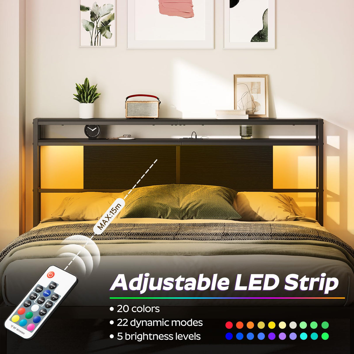 YATINEY Queen Size Headboard, Headboard with Light and Outlets, Headboard with 2 Storage Shelves, Storage Rack, Adjustable Height, Sturdy and Stable, Easy Assembly, Black YATINEY