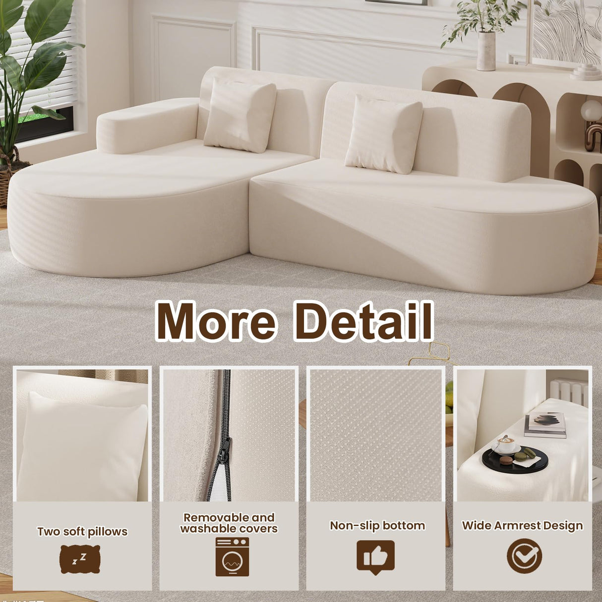 MELLCOM Modern Curved Boneless Sofa Couch, L-Shaped Corner Sofa, No Assembly Needed, Chenille Upholstered Cloud Sectional Couch for Living Room, Bedroom and Apartment (Beige, Left Hand Facing) MELLCOM