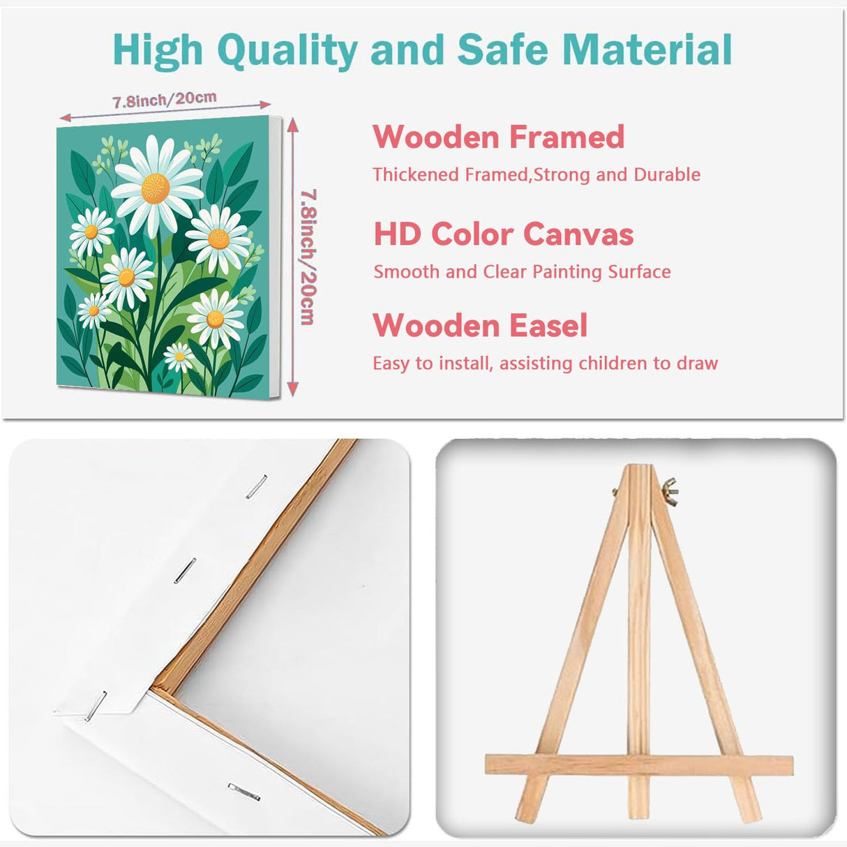 cviokrdu 4 Pack Paint by Numbers Kit for Kids with Frame - Wooden Easel, Flowers Paint by Numbers for Kids Ages 4 8 12, Easy Flower Acrylic Oil Painting Kits for Home Wall Decoration 8x8 inch cviokrdu