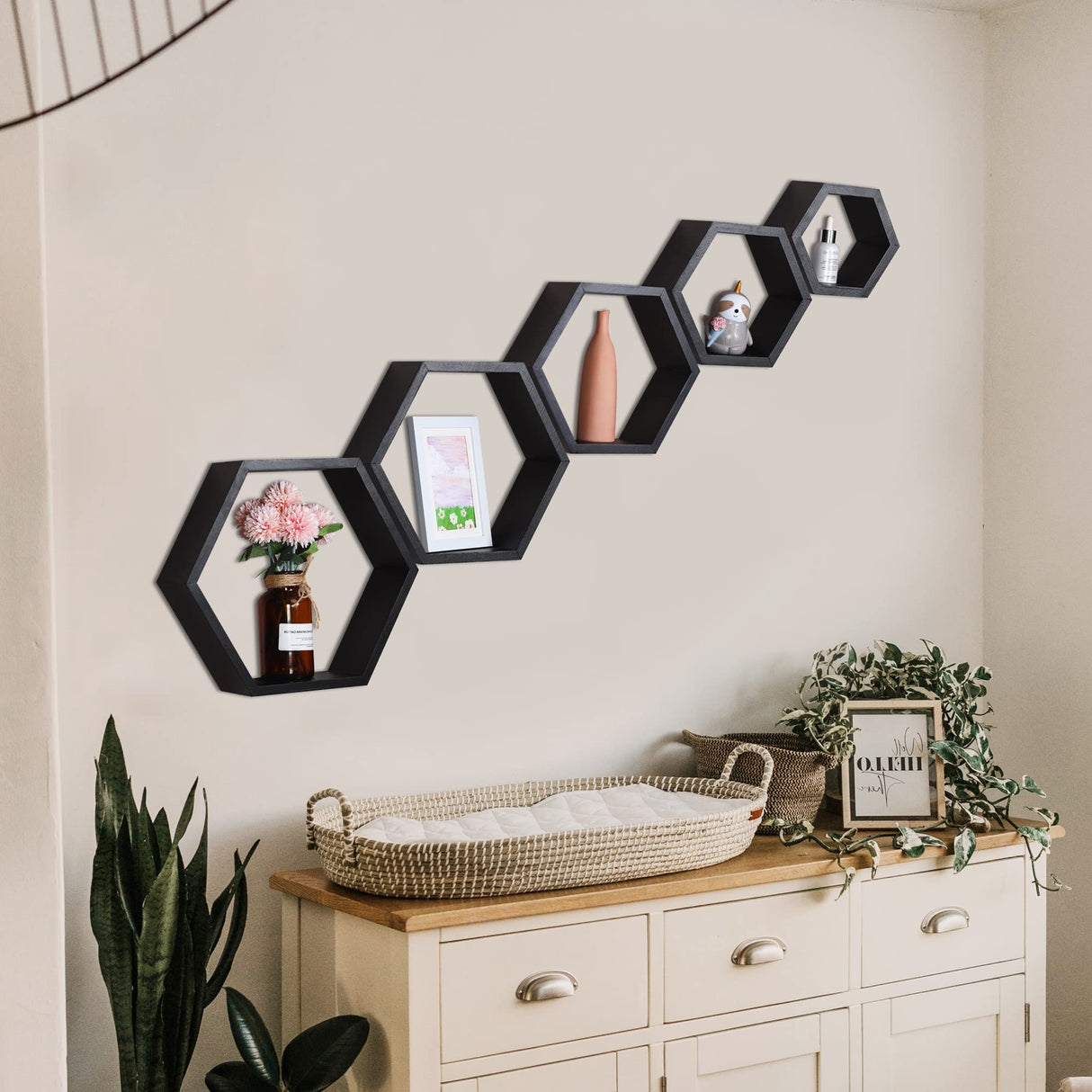 PHOENANCEE Hexagon Floating Shelves,Wall Mounted Wood Farmhouse Storage Honeycomb Wall Shelf Set of 5,for Bathroom, Kitchen, Bedroom, Living Room,Office,Home Room Wall Decor Driftwood Finish PHOENANCEE