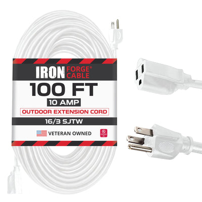 Iron Forge Cable Outdoor Extension Cord 100 ft, 16 Gauge Heavy Duty Power Extension Cords 3 Prong Weatherproof - SJTW - Great for Outdoor Lights, Lawn, Household Appliances - White