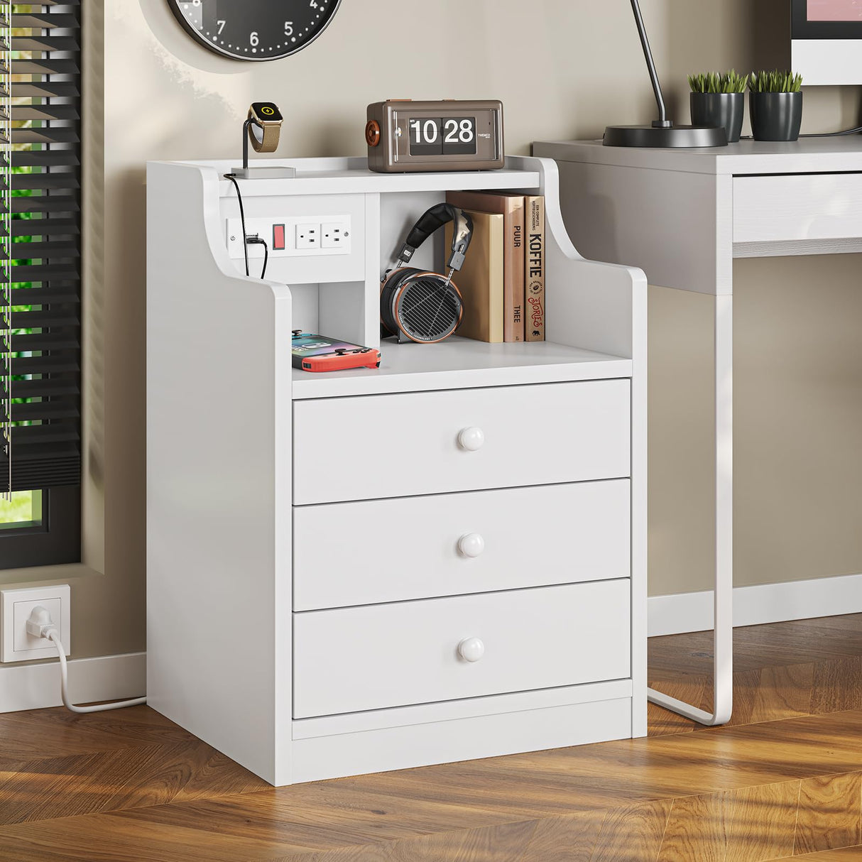ADORNEVE Nightstand with Charging Station,White Night Stand with Hutch,Bedside Table with Drawers,Bed Side Table with Storage ADORNEVE