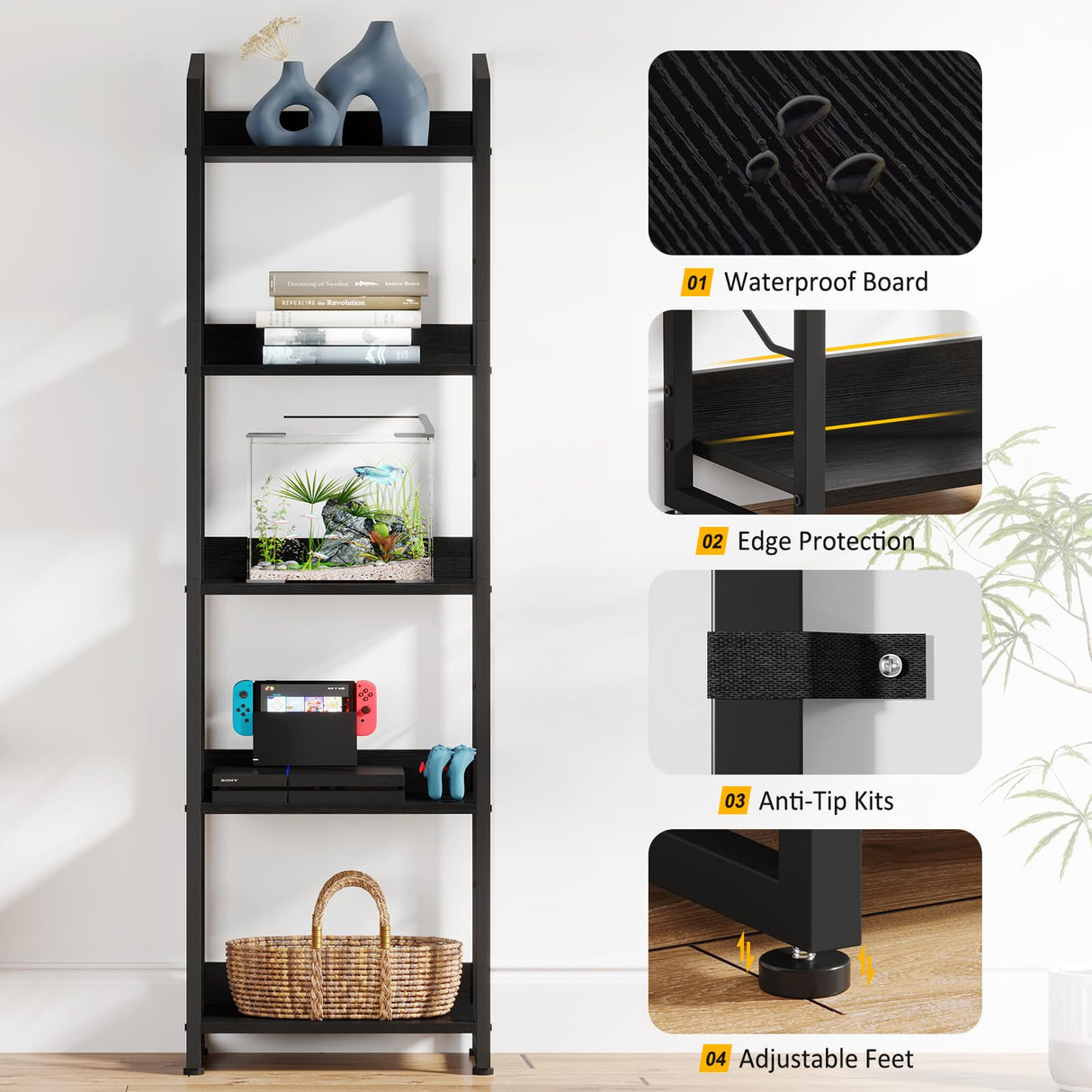 Hosfais 5 Tier Narrow Bookshelf: Tall Bookcase Shelf with Edge Protection, Industrial Modern Bookshelves for Bedroom Living Room Home Office (Black) Hosfais