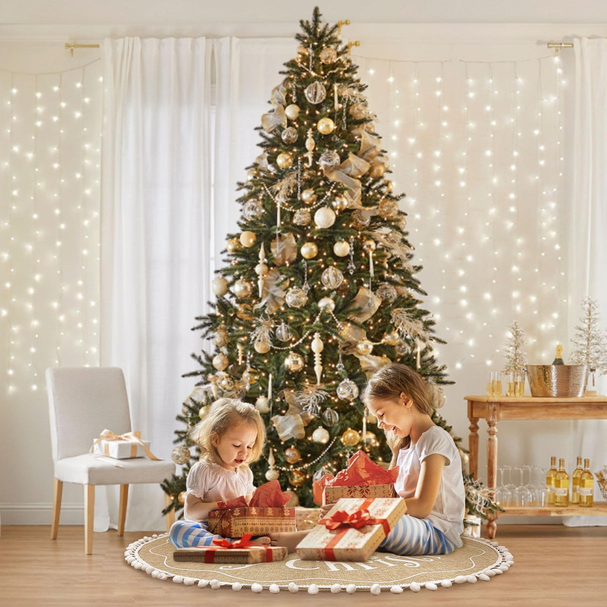 AerWo Christmas Tree Skirt 48 Inches, Burlap Tree Skirt Printed with White Snowflake and Merry Christmas Decor, Brown Tree Skirt for Christmas Decorations New Year Holiday Party Supply Indoor Outdoor AerWo