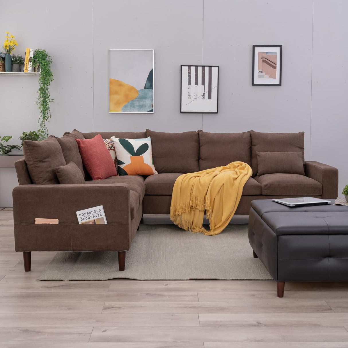 Panana 6 Seats Linen Fabric Large SECTIONAL Corner Sofa Settee - Sofa for Living Room-Left/Right-Hand Side Sofas, Brown Panana