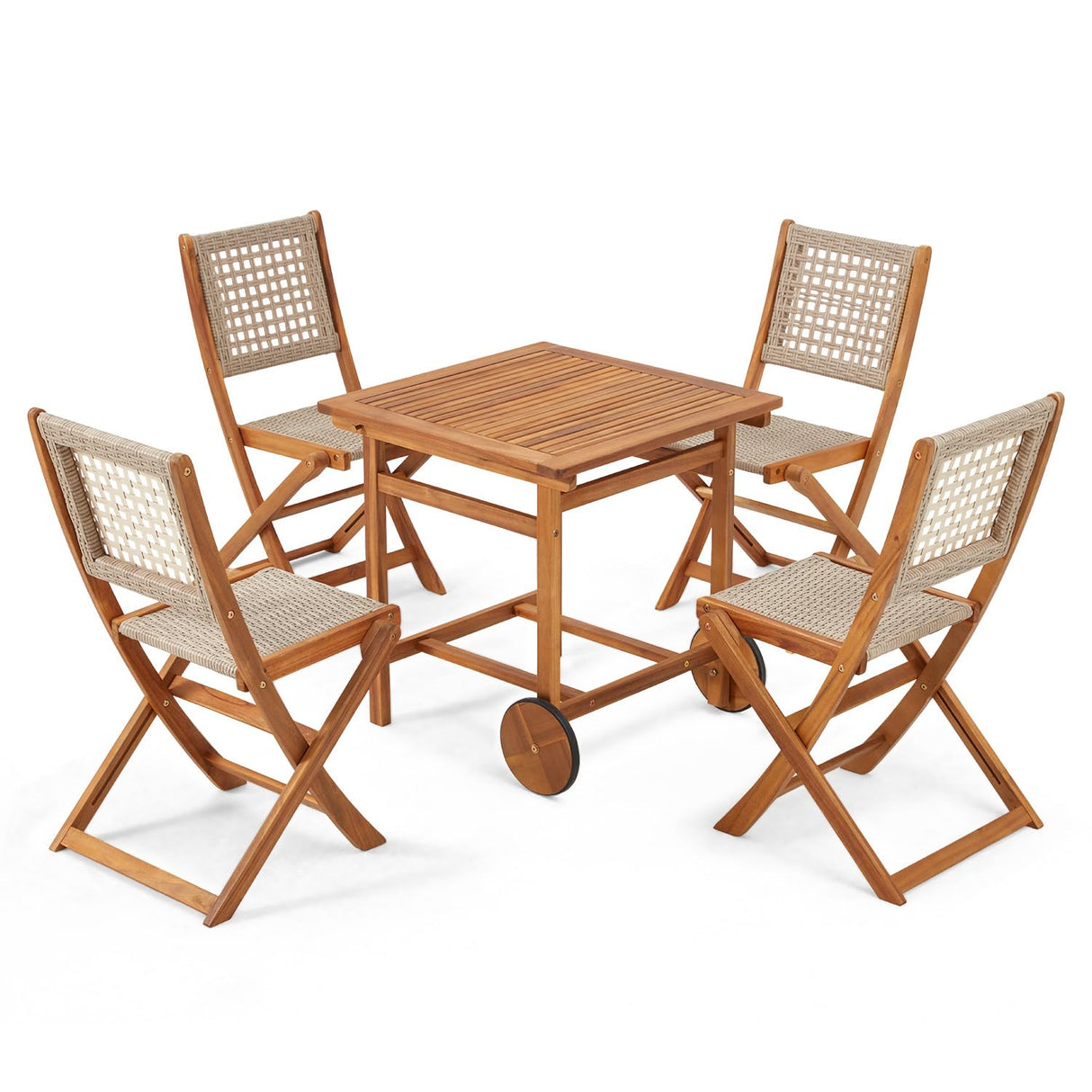JFHID 5 Piece Outdoor Patio Dining Set, Acacia Wood Outdoor Table and Chairs with Wheels, Farmhouse Style Portable Dining Set for Backyard, Deck & Poolside JFHID
