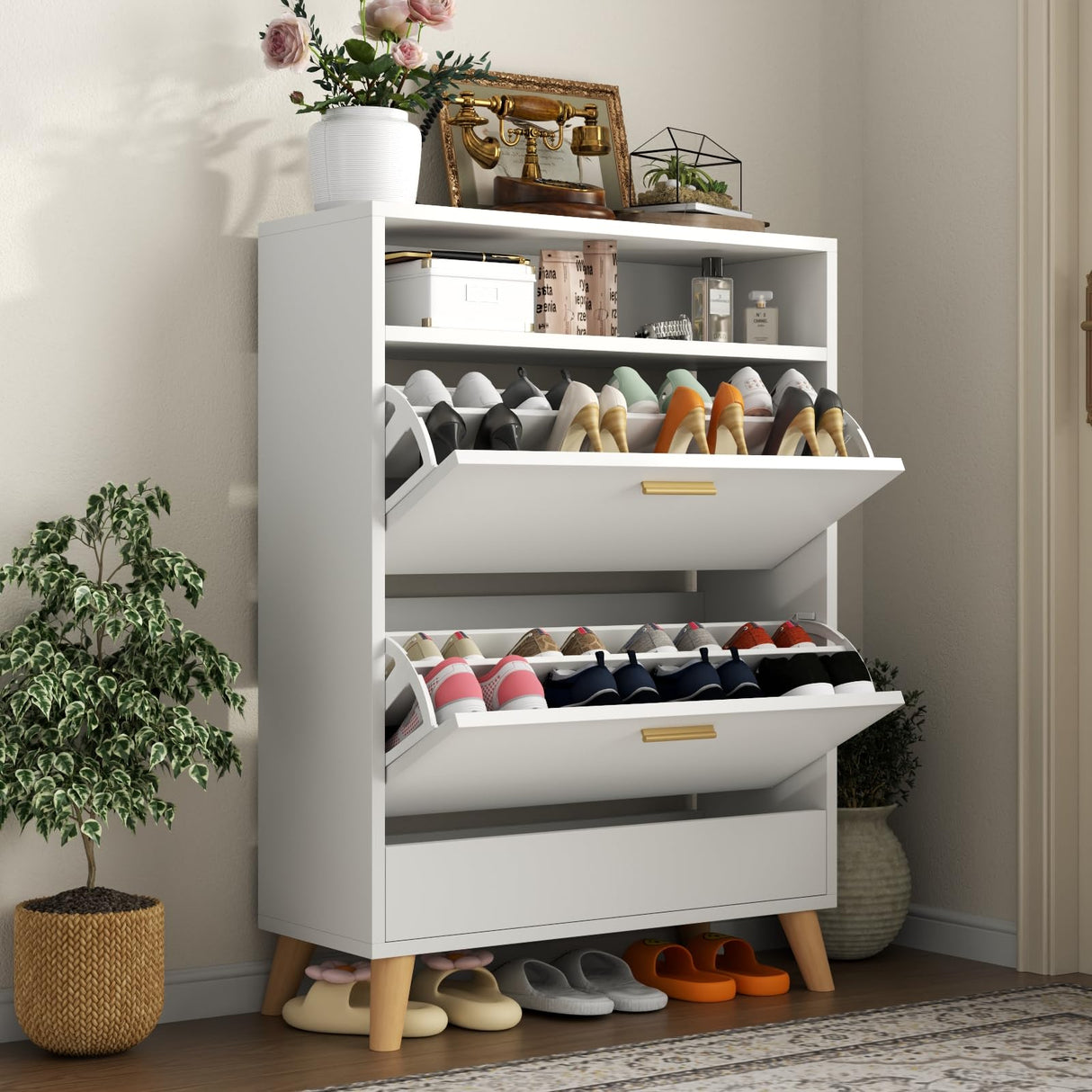 Gyfimoie Entryway Shoe Storage Cabinet with 2 Flip Drawers, FreestandingShoe Organizer for Entryway, Narrow Shoe Rack Cabinet (White) Gyfimoie