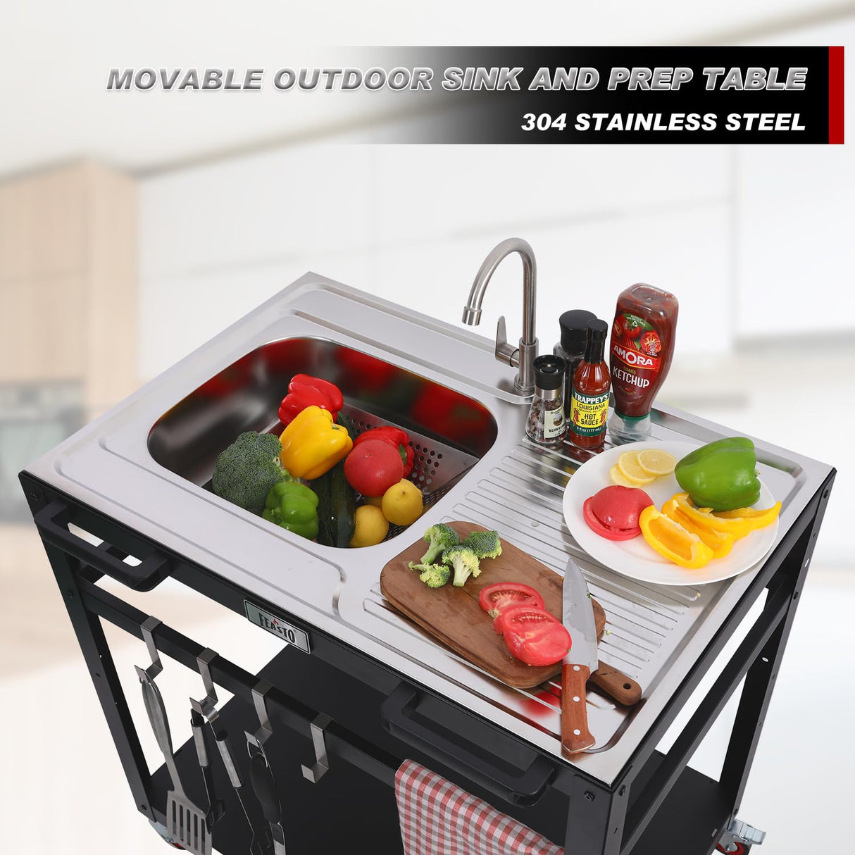 Feasto 35” Outdoor Grill Cart with Sink, Outdoor Kitchen Sink Station with Hose Hook Up, Free Standing Sink with Wheels, 304 Stainless Steel Sink with Single Bowl, Outdoor Utility Sink with Faucet Feasto