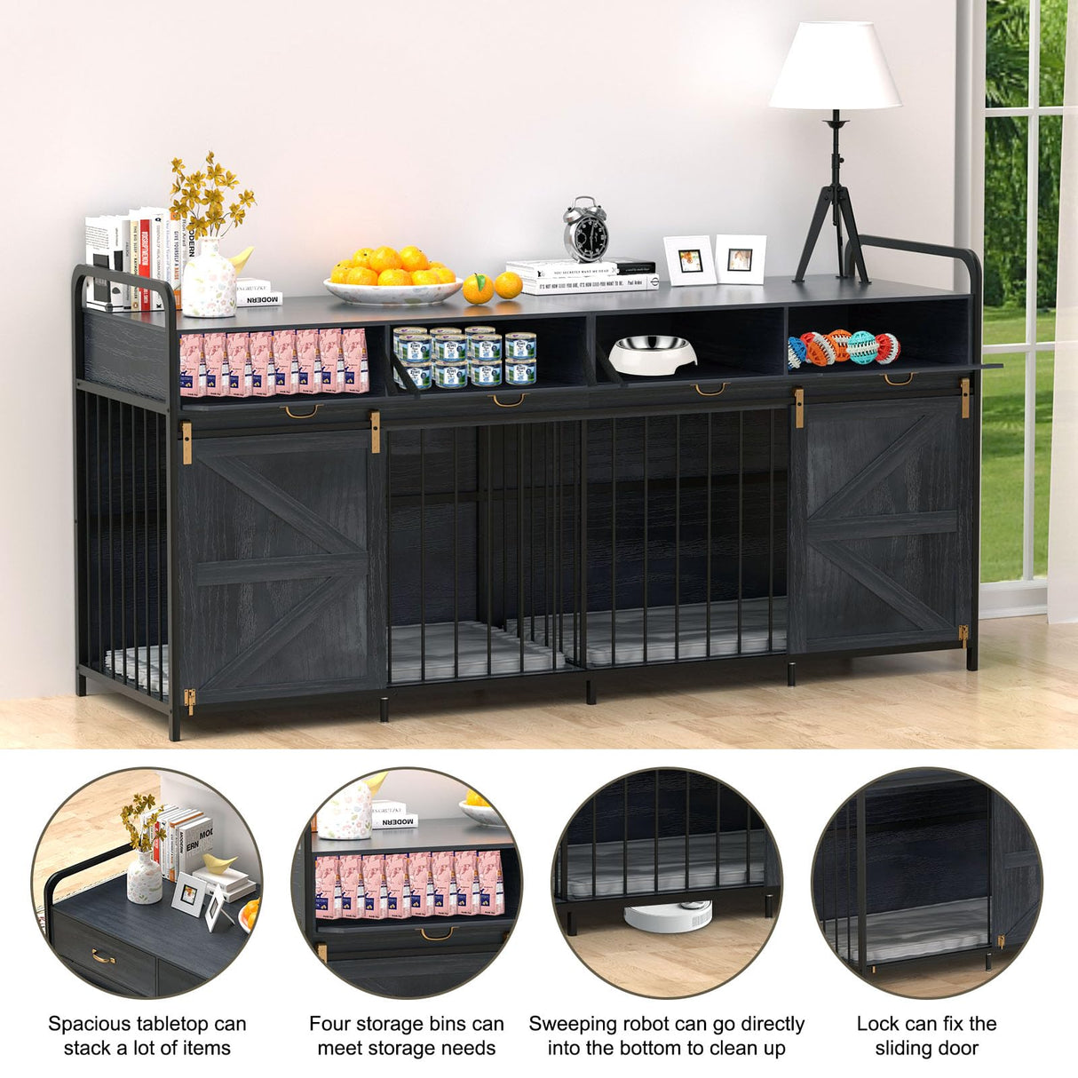 78.7 Inch Large Dog Crate Furniture for 2 Dogs Extra Large Dog Kennel Heavy Duty Wood Dog Crate Double Dog Crates Furniture TV Stand (Black) QJZLXKYT