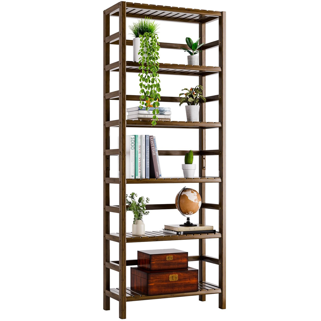 HITNET Bookcase, Bamboo Bookshelf, 6-Tier Adjustable Tall Open Book Shelf, Free Standing Storage Shelves Organizer, Flower Plant Display Stand, Walnut HITNET