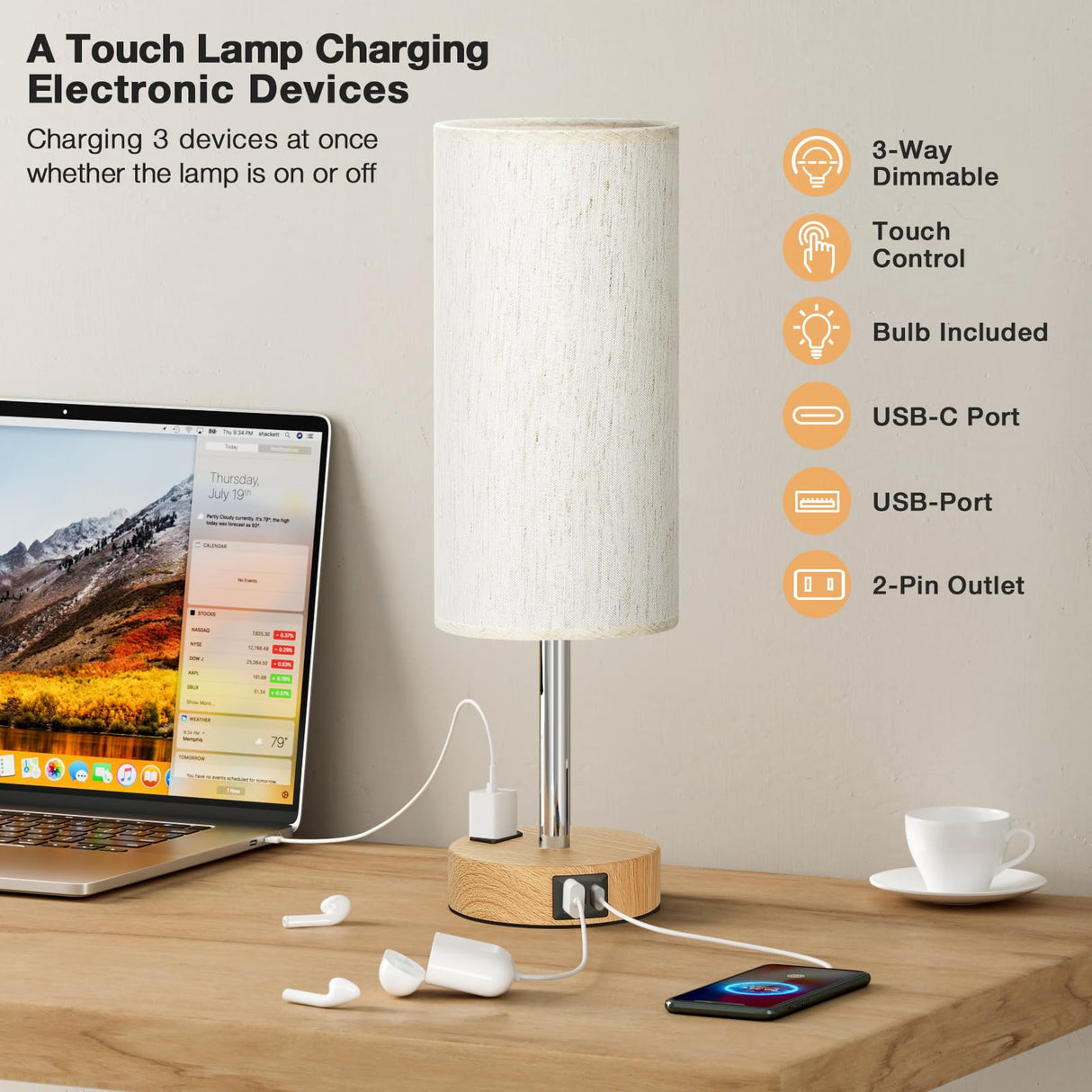 Fenmzee Bedside Table Lamp for Bedroom - 3 Way Dimmable Touch Lamp USB C Charging Ports and AC Outlet, Small Lamp Wood Base Round Flaxen Fabric Shade for Living Room, Desk, LED Bulb Included Fenmzee