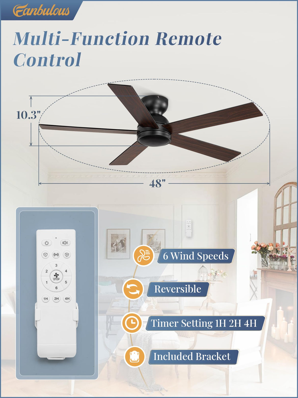 48 Inch Flush Mount Ceiling Fan no Light, Black Ceiling Fan with Remote, 6-Speeds, Quiet Reversible DC Motor, Indoor/Outdoor Ceiling Fans without Lights for Patio, Living Room, Bedroom Fanbulous