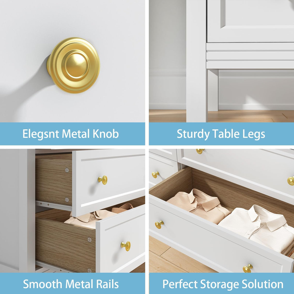 CARPETNAL White Dresser for Bedroom, 7 Drawer Dresser with Wide Drawers and Gold Metal Handles, 55" White and Gold Dresser TV Stand, Modern Dressers & Chests of Drawers for Hallyway, Entryway. CARPETNAL