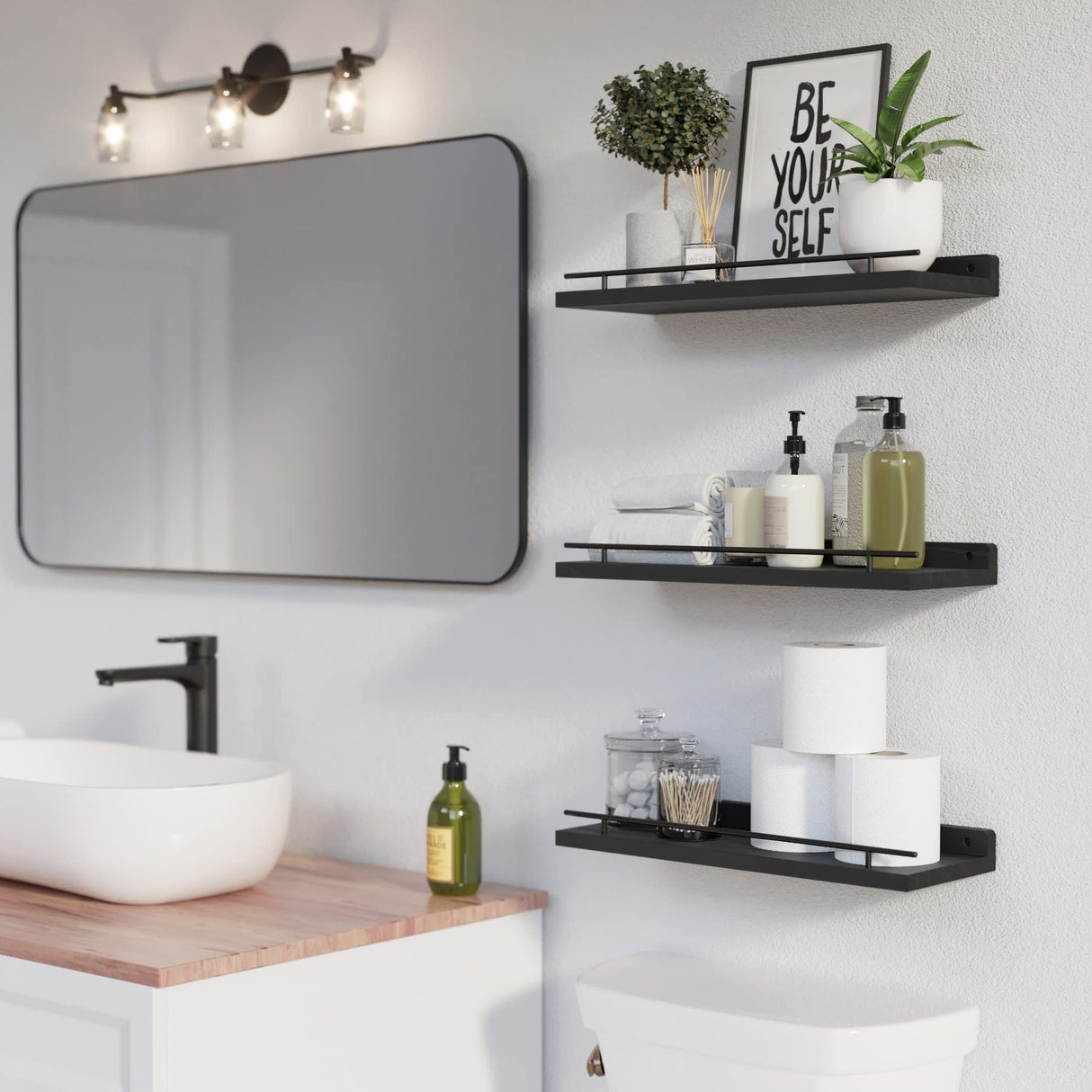 WOPITUES Floating Shelves with Black Metal Guardrail, Shelves for Wall Decor Set of 3, Wall Shelves for Bedroom, Bathroom, Kitchen, Living Room, Plants, Picture Frames, Art- Black WOPITUES