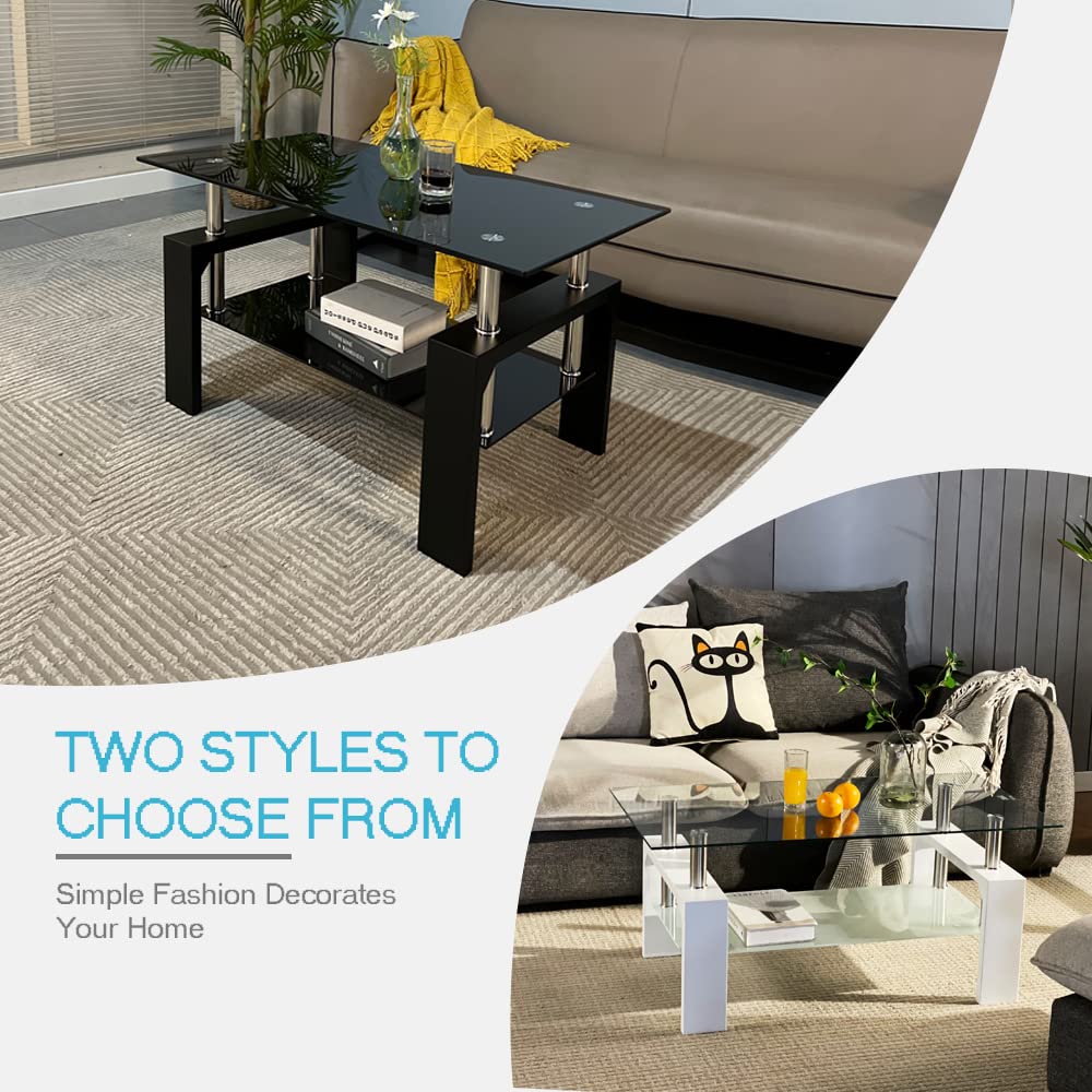 Btrpily Living Room Rectangle Coffee Table, Tea Table Suitable for Waiting Room, Modern Side Coffee Table with Wooden Leg, Glass Tabletop with Lower Shelf, 39.5D x 23.5W x 17.5H in, Black Btrpily