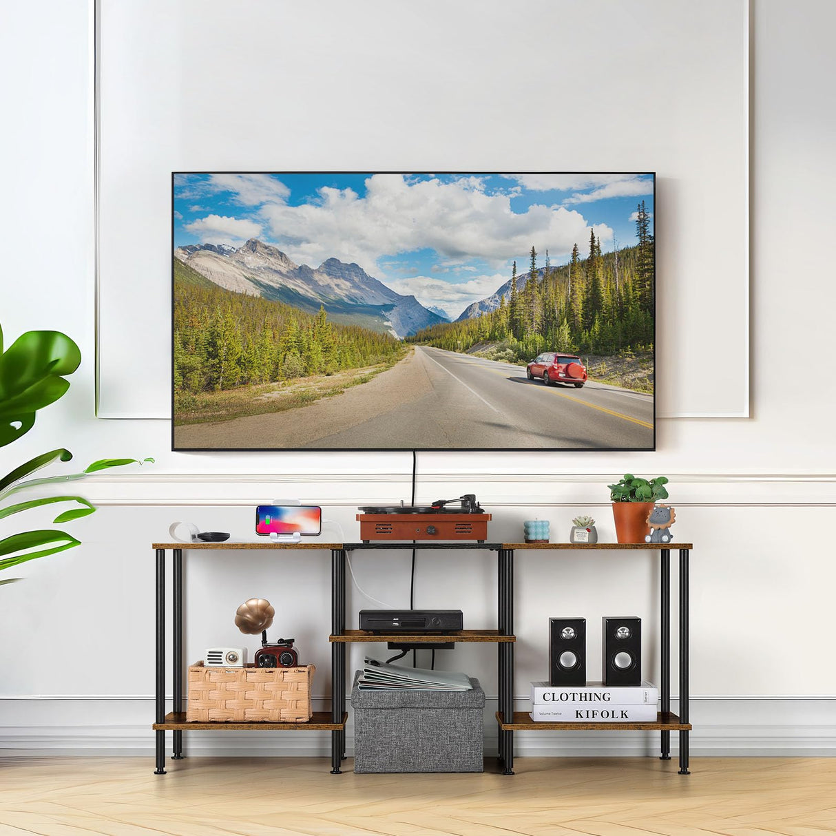 OYEAL Small TV Stand for Living Room up to 50 inch Farmhouse TV Media Entertainment Center with Power Outlets & Storage Shelf 45'' TV Cabinet Console Table for Bedroom, Rustic Brown OYEAL