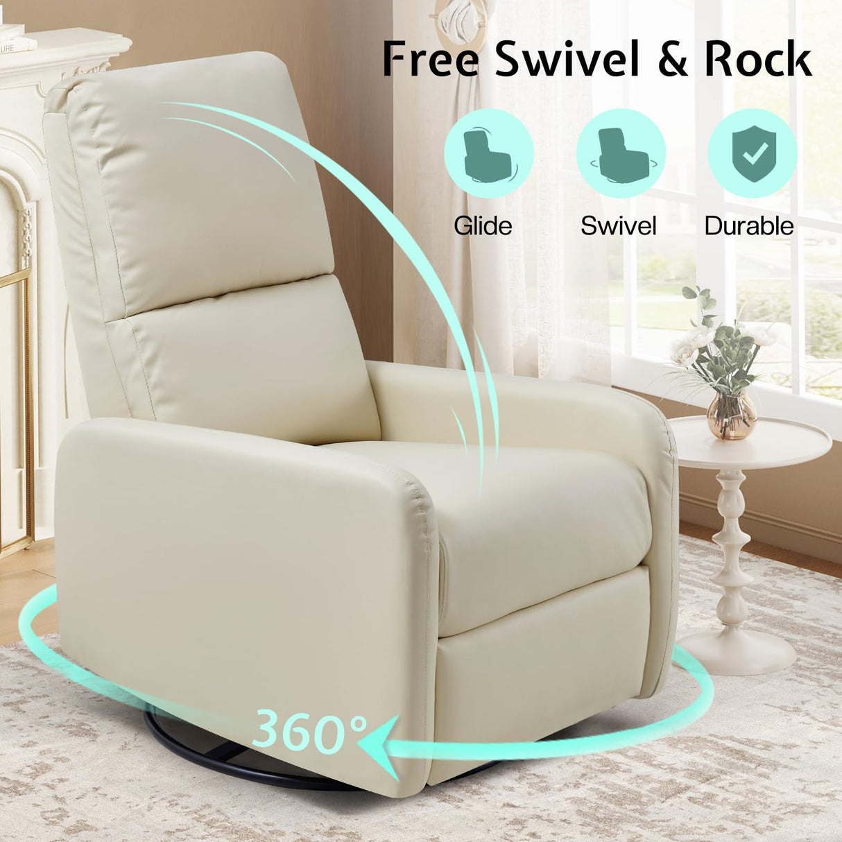 Jocisland Swivel Rocker Recliner Chair for Adults, Nursery Rocking Reclining with High Back, Small Glider for Small Spaces/Living Room/Bedroom/Nursing, Cream Leather Jocisland
