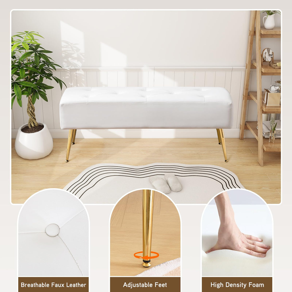 Furnimart Upholstered Tufted White Bench Ottoman with Padded Seat, Footrest Foot Stool with Sturdy Metal Leg, White Leather Bench for Bedroom Living Room Entryway Furnimart