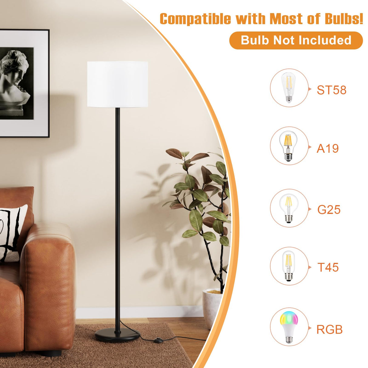 Modern Floor Lamp Simple Design with White Shade, Foot Pedal Switch, 60" Small Tall Lamps for Living Room Bedroom Office Dining Room Kitchen, Black Pole Lamp(Without Bulb) Ambimall