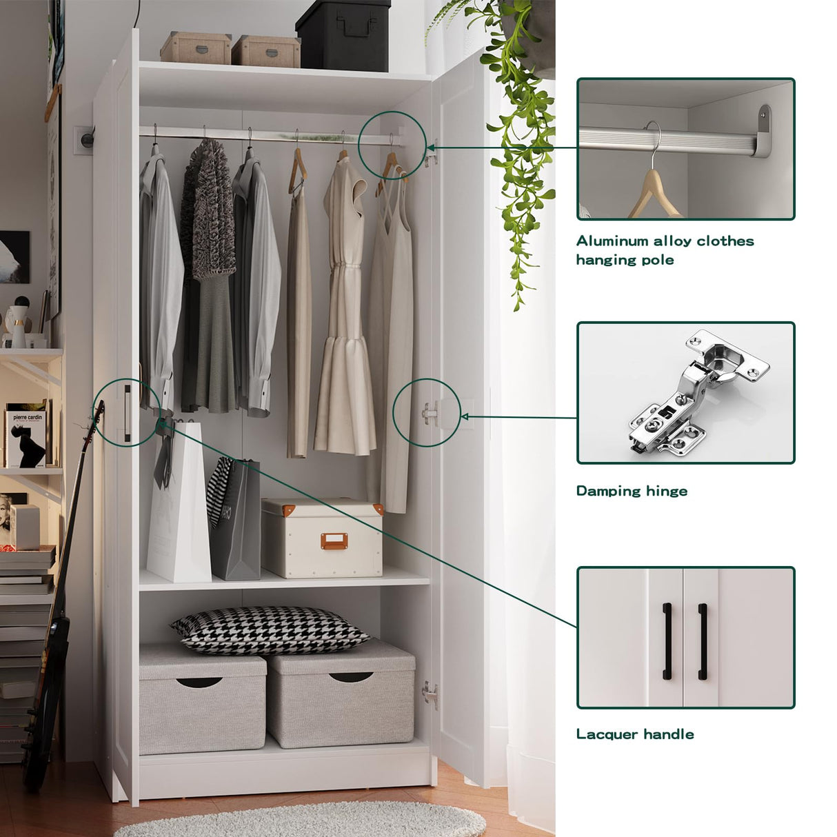 Fenghua Lizhi Wood White Wardrobe Closet with 2 Doors and 2 Drawers,Bedroom Freestanding Armoire Storage Cabinet with Shelves,Wooden Wardrobe Combination for Hanging Clothes (White 2 Drawers) Fenghua Lizhi