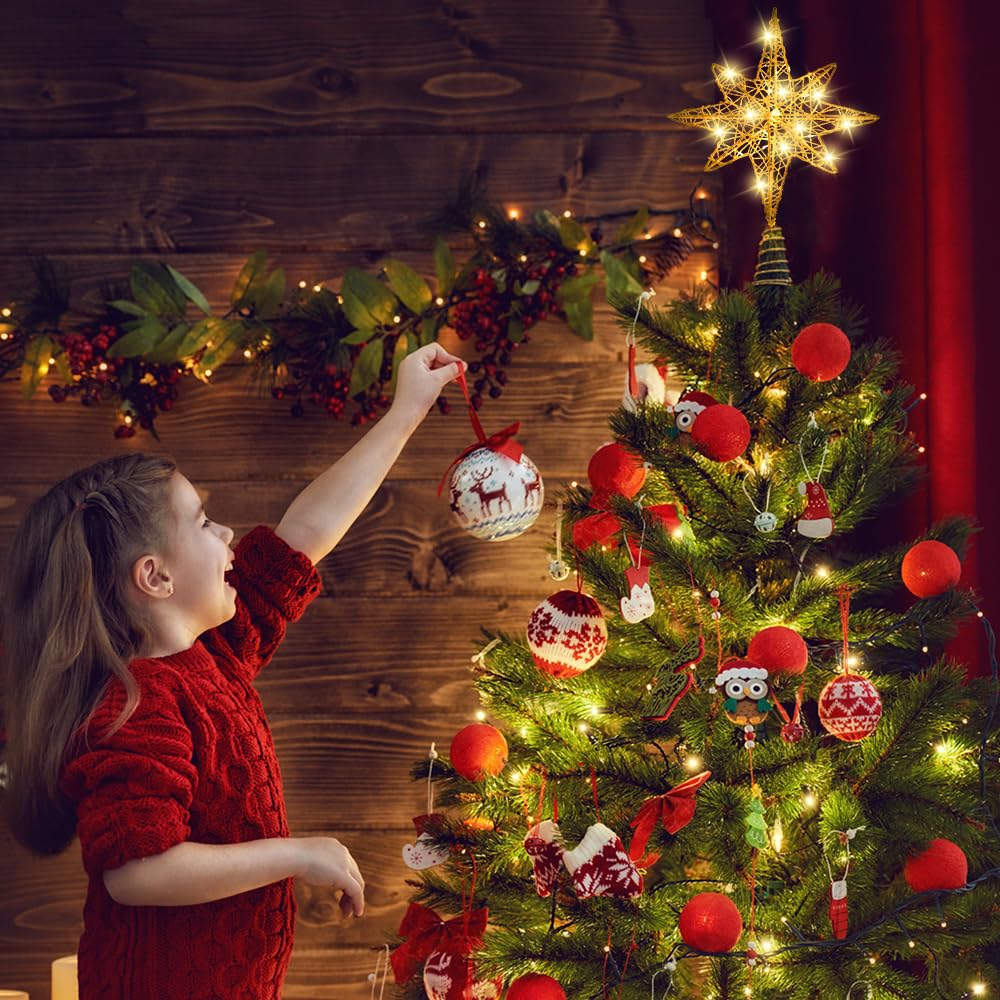 DULEFUN Christmas Tree Topper Lighted 13.5” Gold Star Tree Toppers with 20 LED Lights Christmas Tree Top Ornament for New Year Holiday Home Office Indoor Decorations DULEFUN