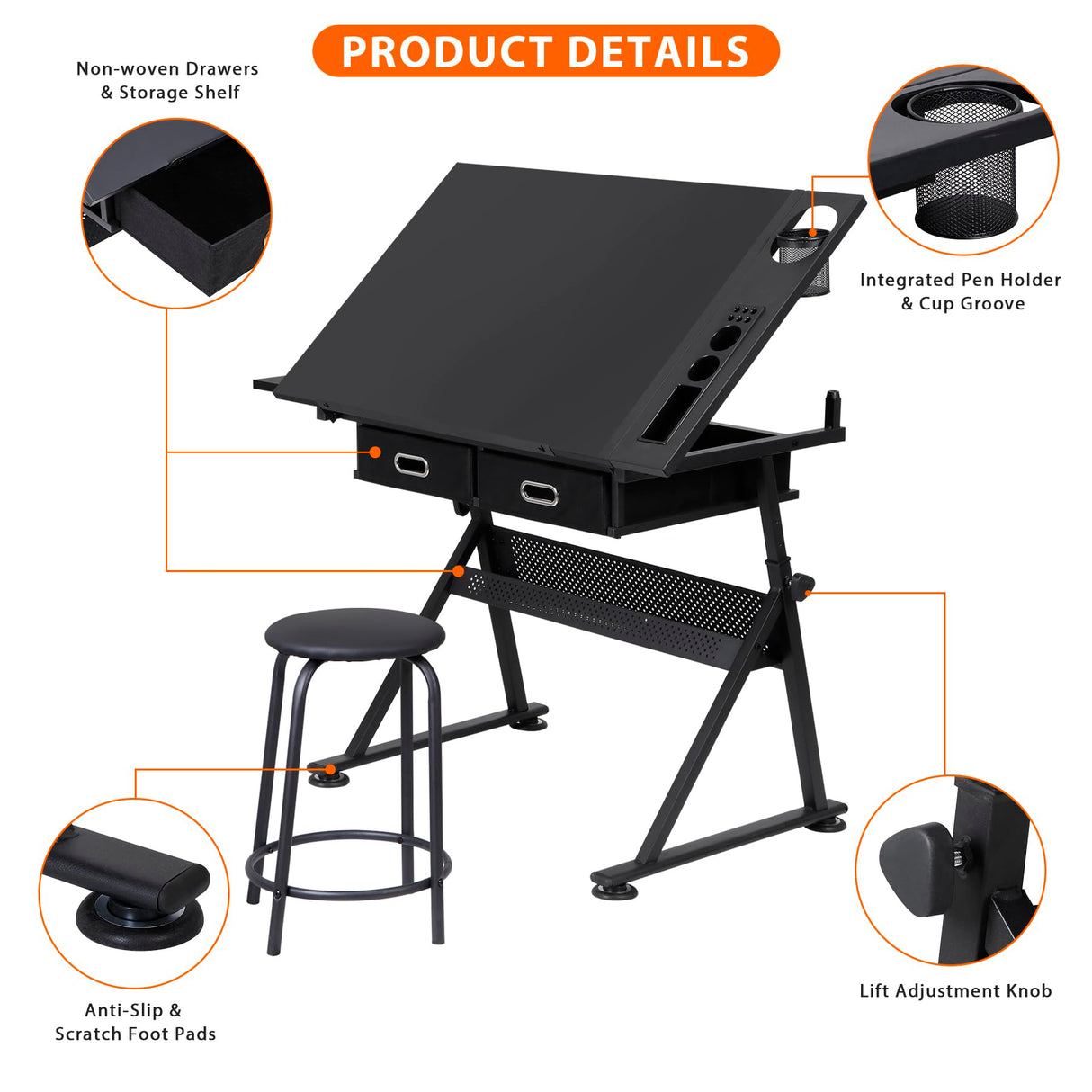LEMY Drafting Table Art Desk, Height Adjustable Drawing Table Tilting Tabletop Work Station with Stool and Storage Drawer for Home, Office, Writing, Black LEMY