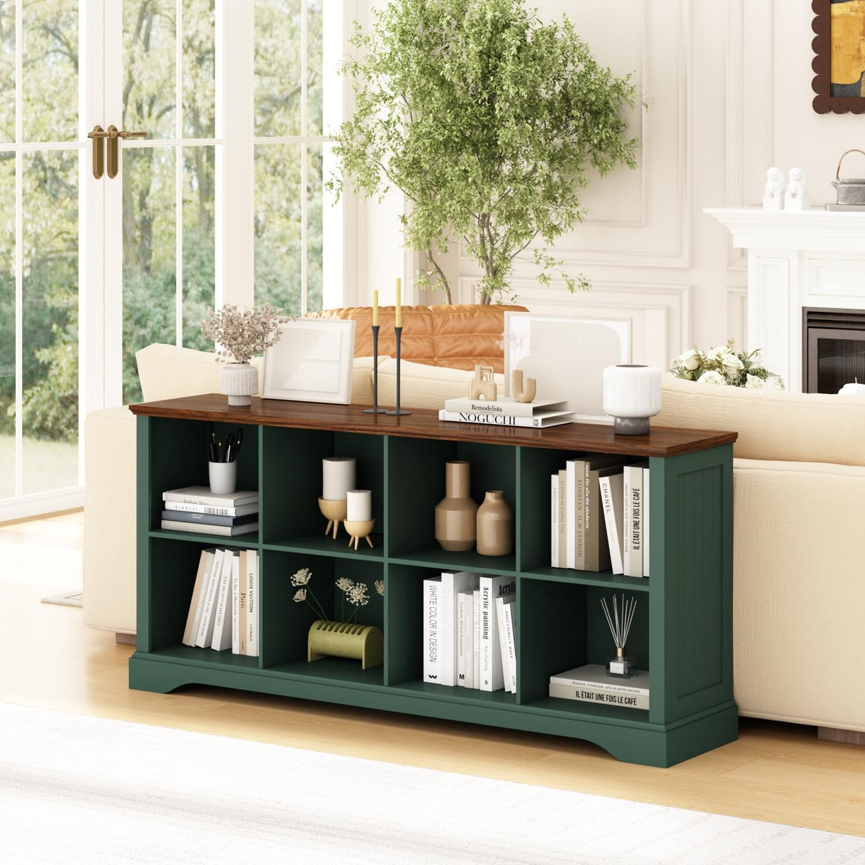 Athyrios 8 Cube Storage Organizer - 62" Long Farmhouse Wood Low Bookshelf, Horizontal Open Shelf Bookcase Cubby Storage Console Cabinet for Living Room, Entryway, Office, Green Athyrios