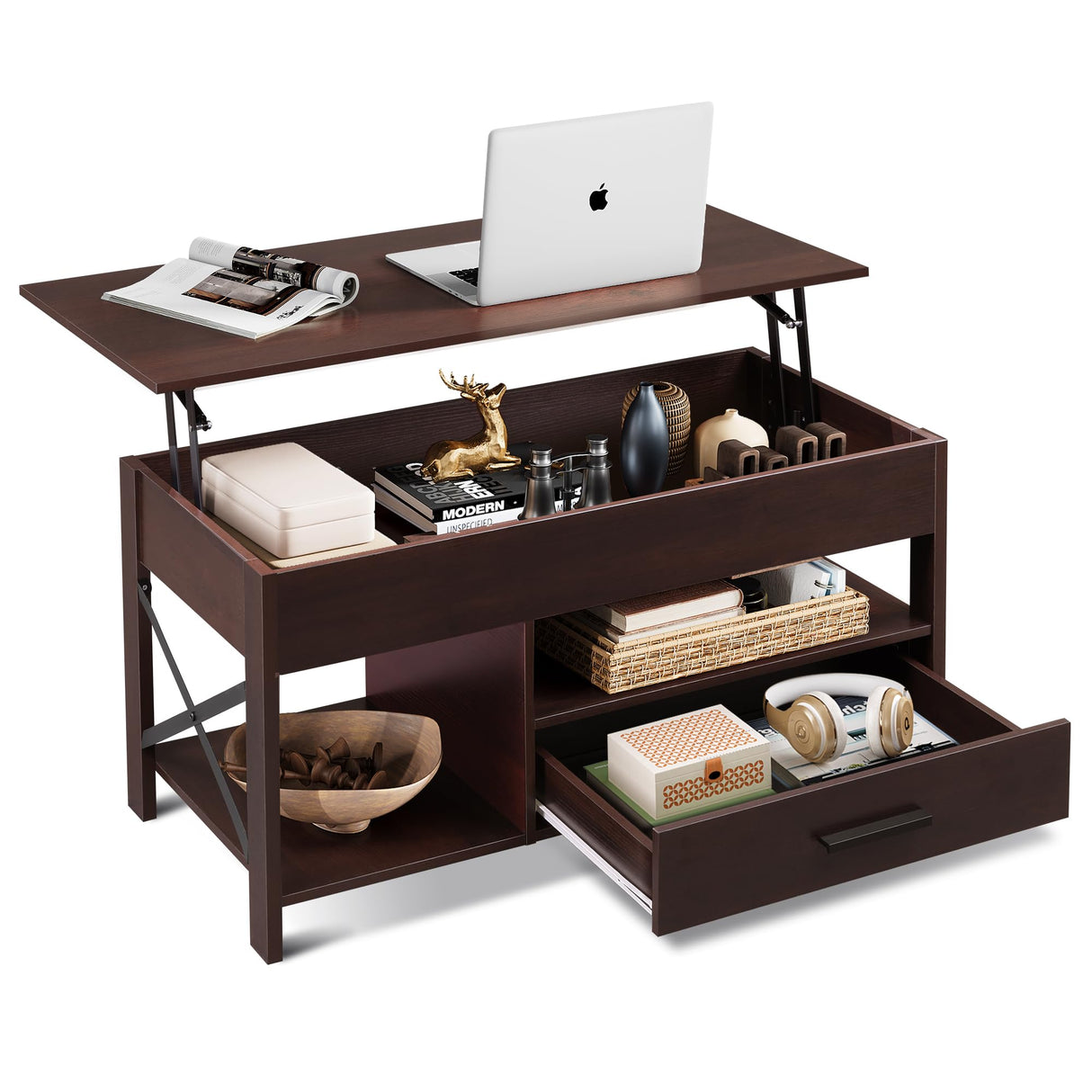WLIVE Lift Top Coffee Table, 39" Coffee Table with Storage Drawers, Hidden Compartment, Wooden Lift Tabletop Center Table for Living Room, Home, Rustic Oak WLIVE