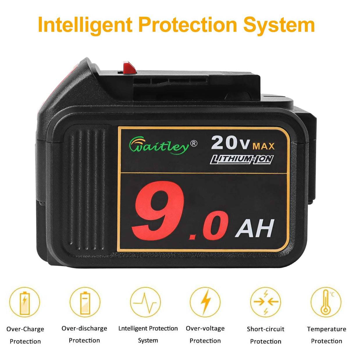 waitley 20V 9.0Ah Lithium Ion Battery Compatible with DEWALT DCB200 DCB209 Tools with LED Indicator waitley