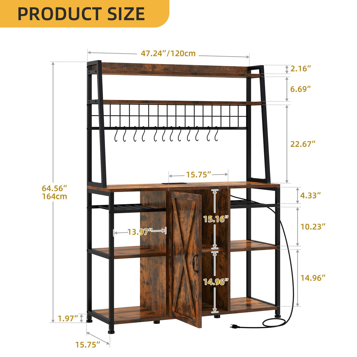 DWVO Bakers Rack Microwave Stand Cabinet with Large Storage Drawer and Power Outlet, 47 Inches Farmhouse Kitchen Tall Thickened Coffee Bar Table with Wine Shelf Rustic Brown DWVO