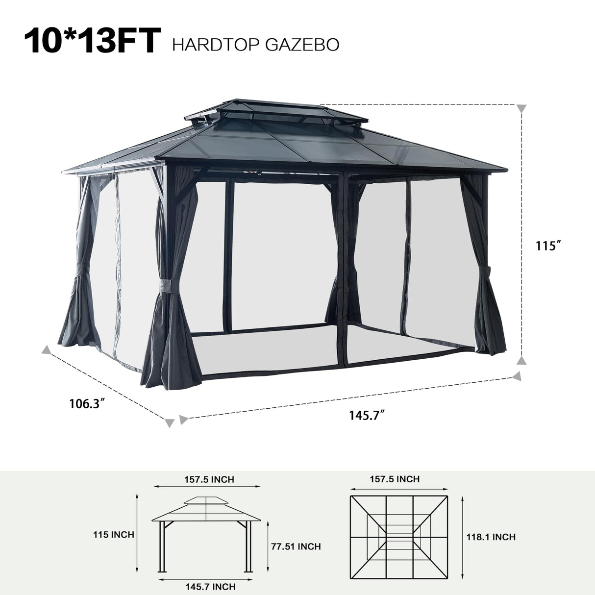 Zolyndo 10x13ft Outdoor Hardtop Gazebo with Netting and Curtains, Heavy-Duty Galvanized Aluminum Frame Gazebo with 2-Tier Waterproof Polycarbonate Roof for Patio, Backyard, Deck and Lawns, Black Zolyndo