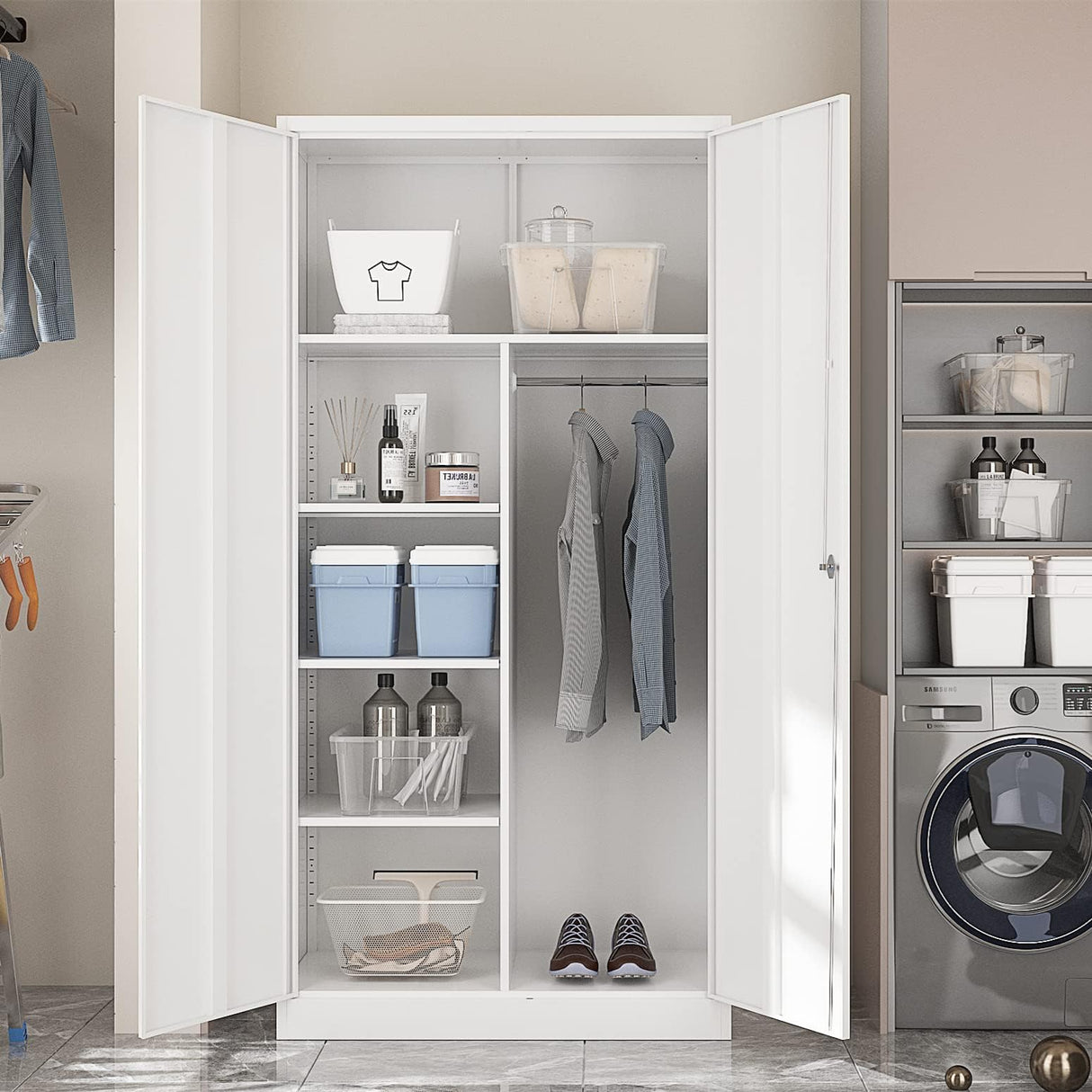 Yizosh Metal Armoire Wardrobe Closet Cabinet for Hanging Clothes with Lock Doors, -72" Steel Lockable Wardrobe Storage Locker Clothes Organizer for Bedroom, Laundry Room (White) Yizosh