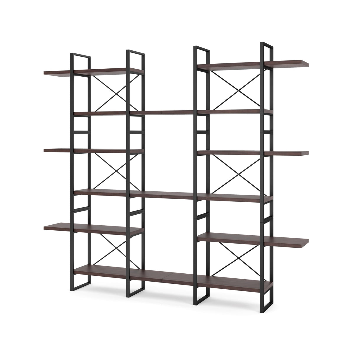 Dark Walnut Color 6-Tiers Industrial Style Bookcase 85" H X 94.5" W 12.6" D Black Brown Modern Contemporary MDF Metal Natural Finish WoodArtSupply
